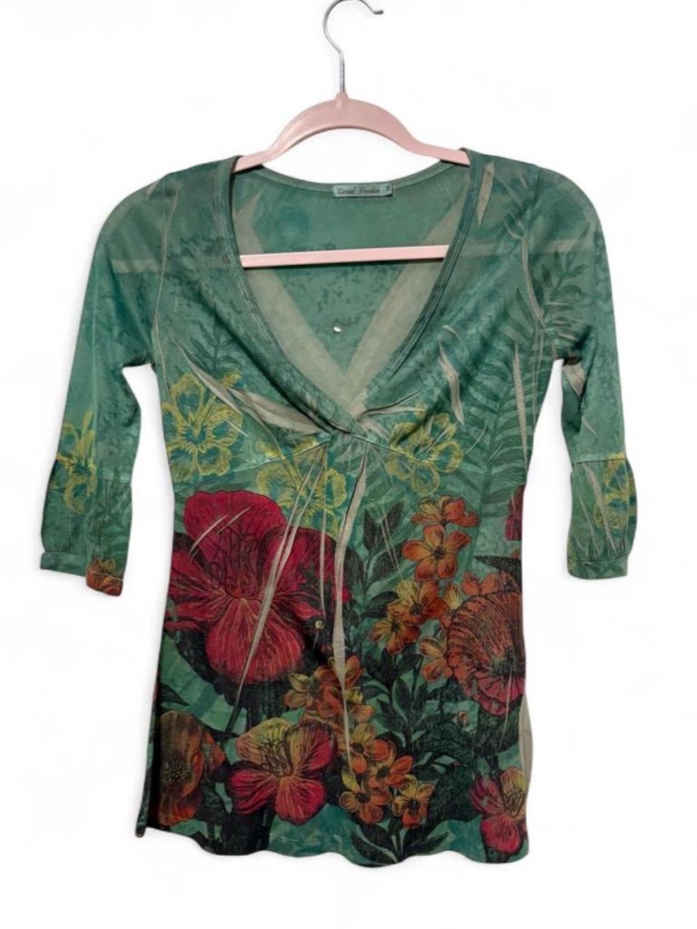 Vintage Y2K empire west mixed print silk V neck top small
